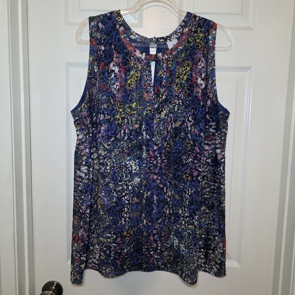 CAbi Multicolor Sleeveless Printed Blouse - Navy, Purple, Yellow Accents